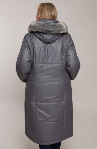Šedá zateplená dlouhá bunda s kapucí