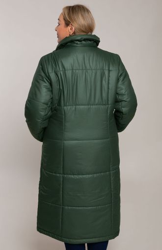 Tmavě zelená zateplená dlouhá bunda s kapucí