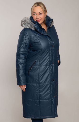 Tmavě modrá zateplená dlouhá bunda s kapucí