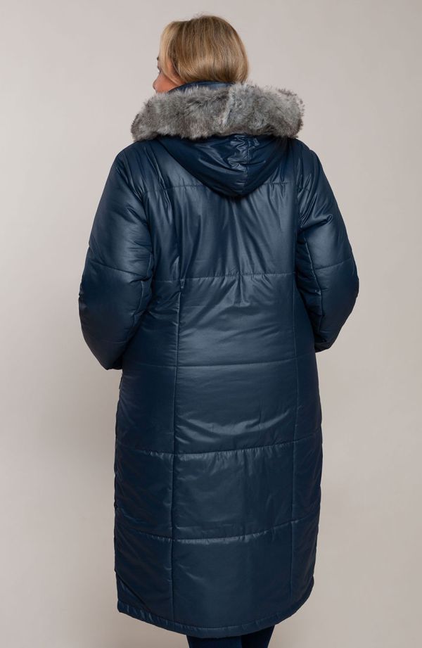Tmavě modrá zateplená dlouhá bunda s kapucí
