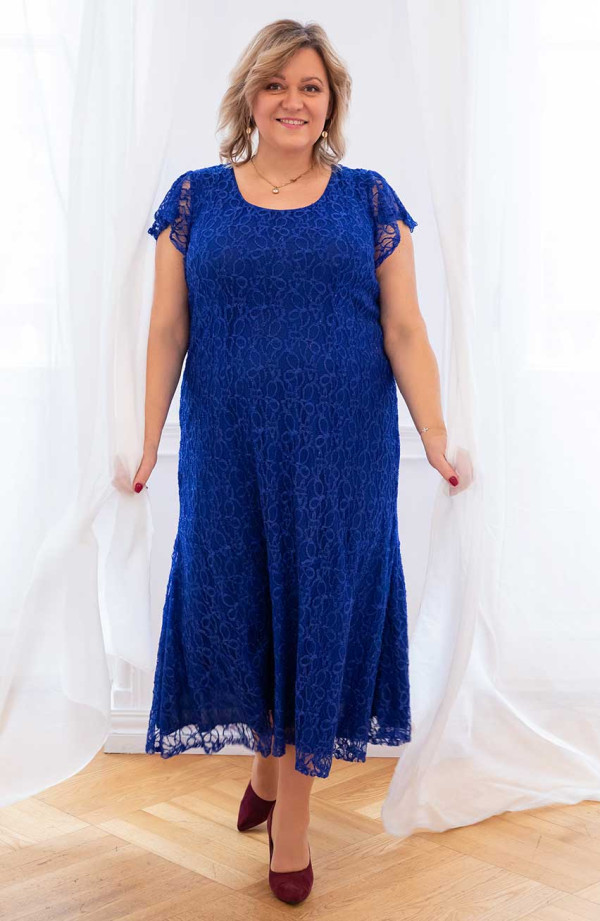 Dlouhé chrpově modré trapézové šaty s krátkým rukávem pro moletky Módní velké velikosti