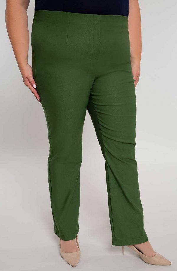 Delší rovné kalhoty v olivově zelené barvě