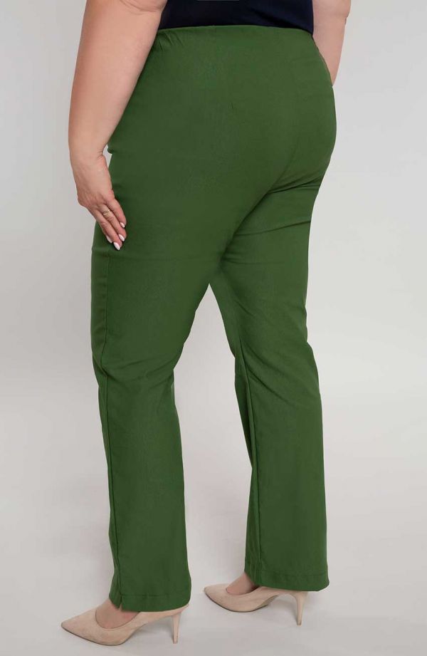 Delší rovné kalhoty v olivově zelené barvě